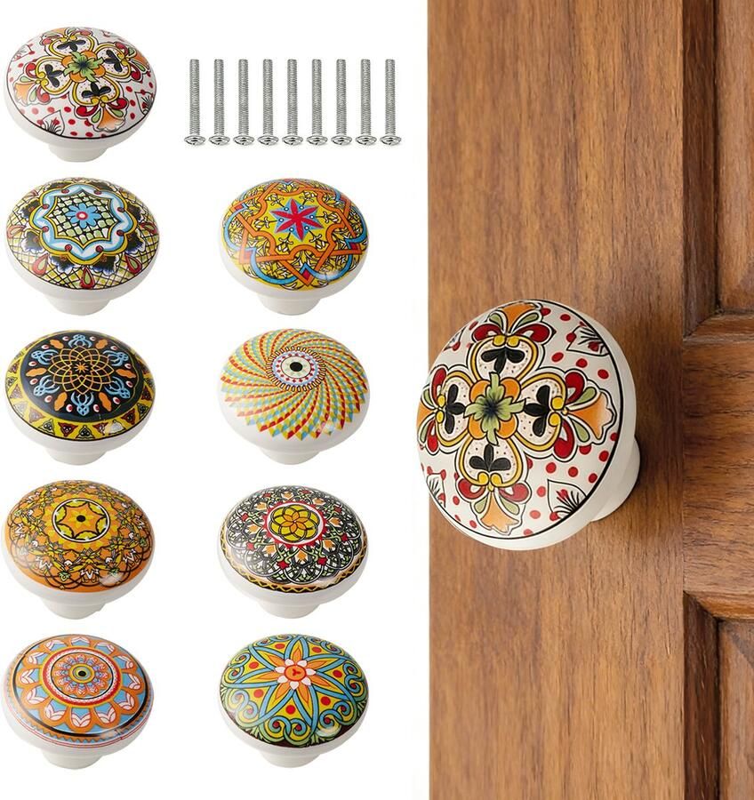 Keramische handgrepen 9 stuks 3 9*3 9*2 8 cm handgemaakte keramische knoppen in meerdere kleuren retrolook bloemvormige deurgrepen keukenkastlademeubels handbeschilderd garderobedeurgrepen ronde handgrepen met één gat Schroeven - Foto 2