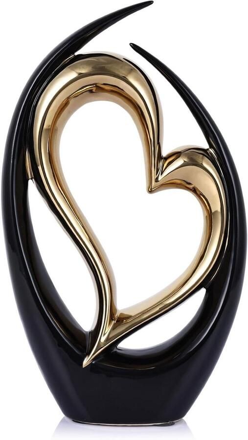 Keramische hart sculptuur voor huisdecoratie zwart gouden dubbele harten standbeeld voor tafel Valentijn en bruiloft decoratie decoratieve items voor planken en salontafel liefde thema