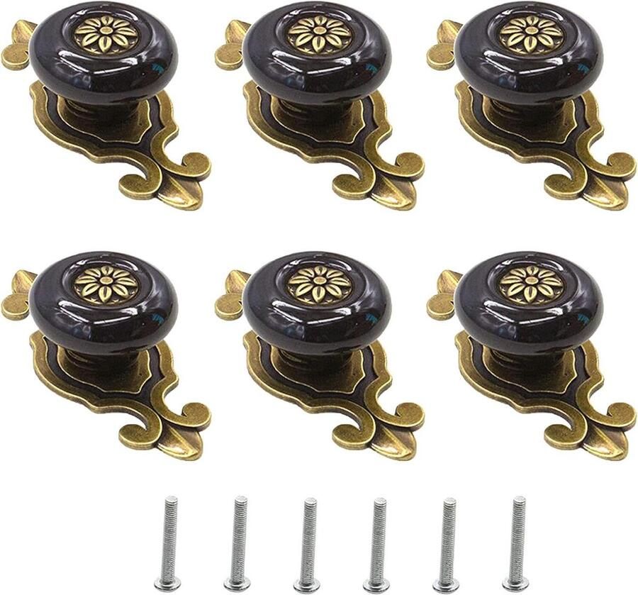 Keramische kast knoppen Set van 6 zwart vintage keramische deurknoppen
