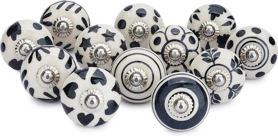 Keramische kastknoppen Zwart en Wit met handgeschilderde antieke bloemen Glanzende afwerking Set van 12