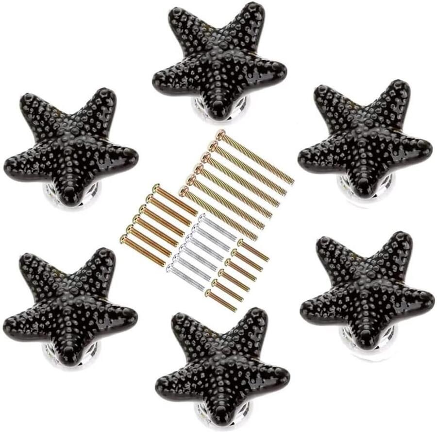 Keramische keukenkastknoppen zeestervormig 6 stuks zwart