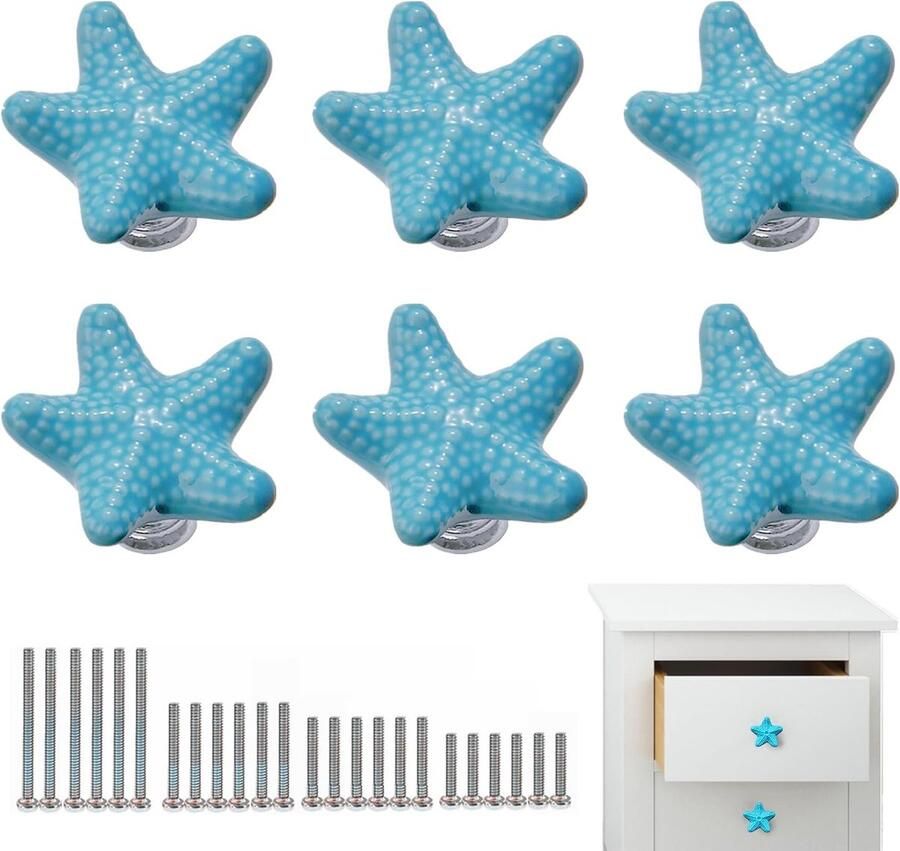 Keramische keukenkastknoppen Zeestervormige ladehandgrepen 6 stuks Blauw