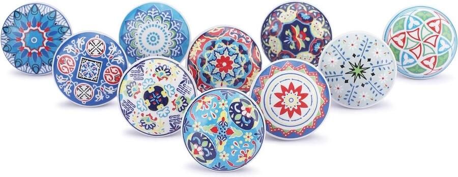 Keramische knoppen blauw meerkleurig bedrukt Set van 10 kastdeuren laden meubelgrepen keukenkastjes badkamer commodeladen handgemaakte decoratieve knoppen keramiek
