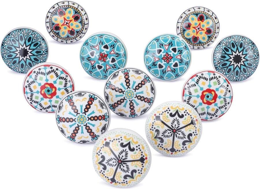 Keramische knoppen meerkleurig bedrukt Set van 12 voor kastdeuren en laden Handgemaakte decoratieve knoppen van keramiek Keukenkasten badkamer commodeladen kastknoppen kinderkamer