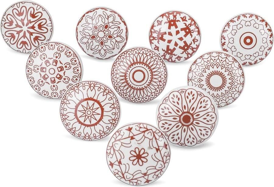 Keramische knoppen Set van 10 Rood wit bedrukt Voor kast deur lade en meubels Keukenkasten badkamer dressoir Handgemaakt aardewerk Decoratieve knoppen