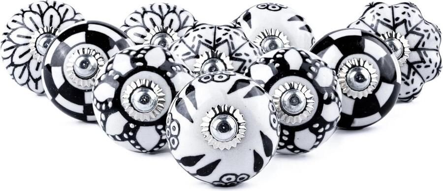 Keramische knoppen voor kast dressoir lade en meubels handgeschilderde antieke boho kast trekknop zwart en wit pak van 10 Rajasthan-stijl unieke meubelknoppen