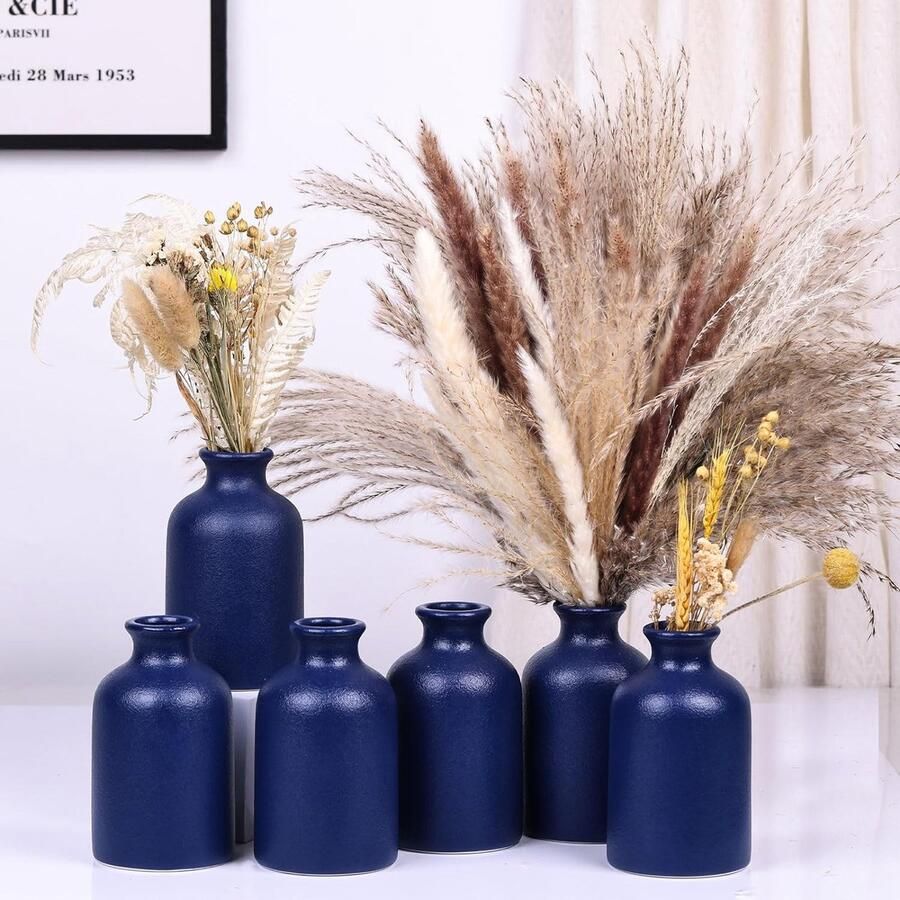 Keramische knopvaasjes set van 6 Blauwe kleine vaas boerderij landelijke blauwe vaas home decoratie woonkamer decoratie tafel decoratie open haard decor en entree decoratie centerpieces