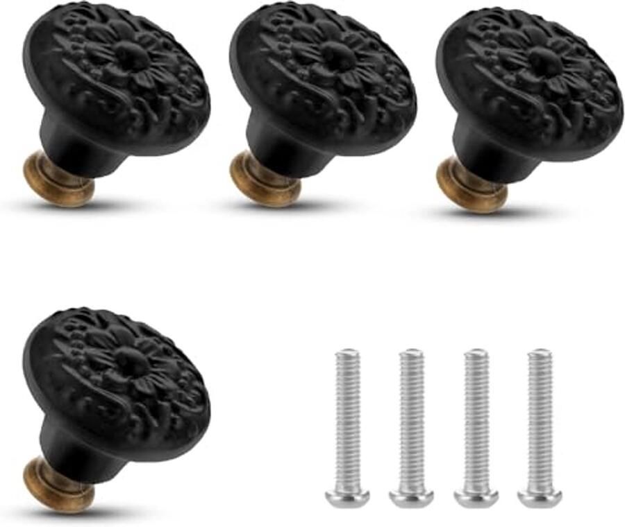 Keramische ladeknoppen 4 stuks vintage bloemdesign decoratieve meubelknoppen voor kastladen en deuren diameter 3 6 cm (zwart)