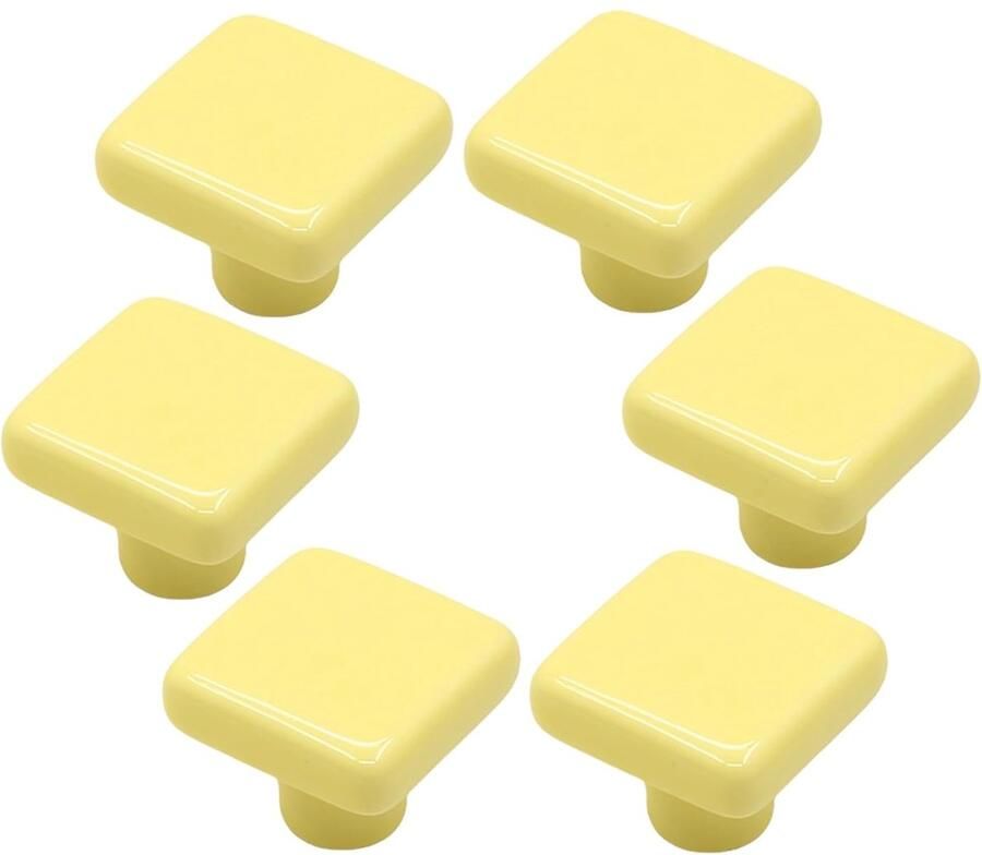 Keramische meubelknoppen vierkant 6 stuks lichtgeel kleurrijk