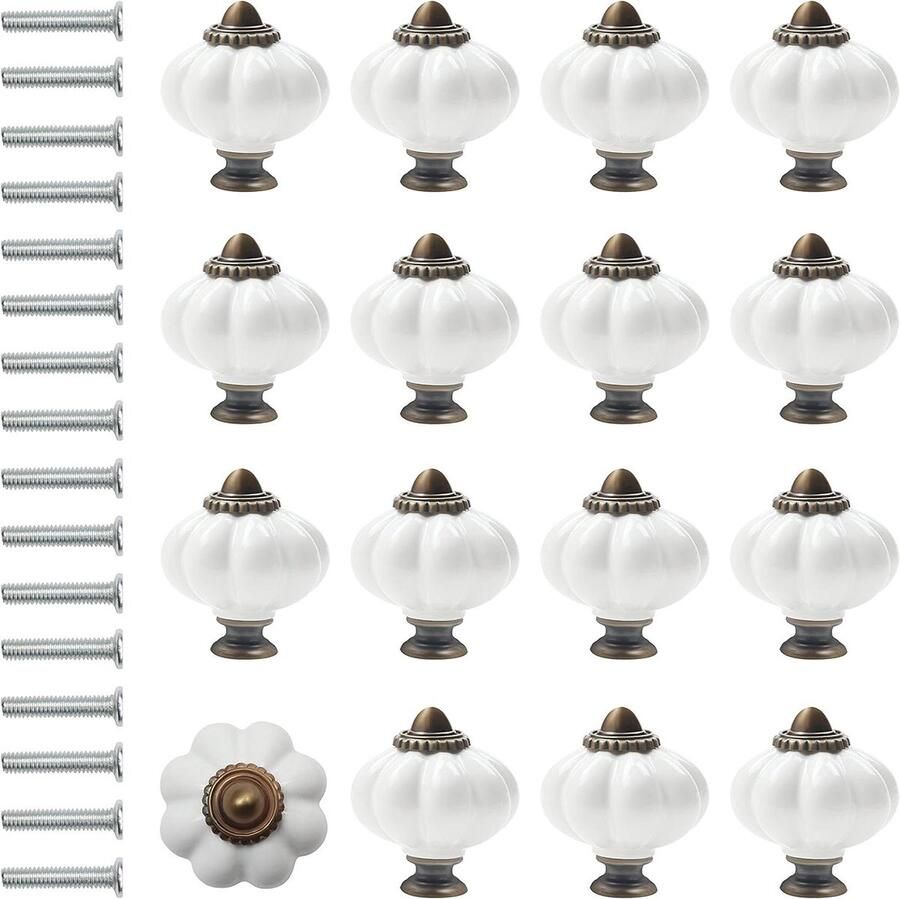 Keramische Pompoen Knoppen Vintage Trek Handvatten 16 Stuks Witte en Bronzen Kleur 3 4 x 3 8 cm