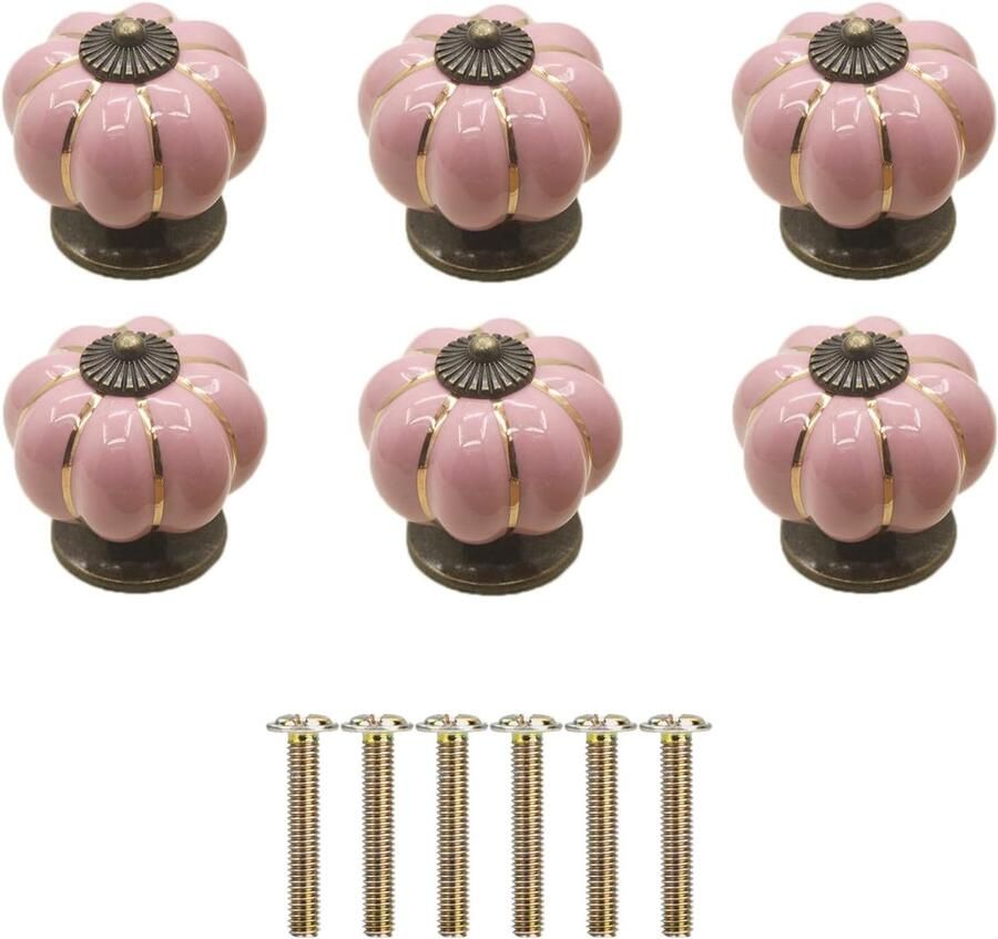 Keramische pompoenknoppen vintage handgrepen 6 stuks roze porselein 4 cm