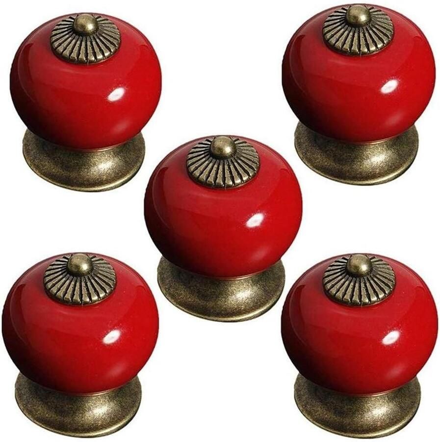 Keramische ronde kastknop porseleinen handvat antiek landhuis rood 5 stuks