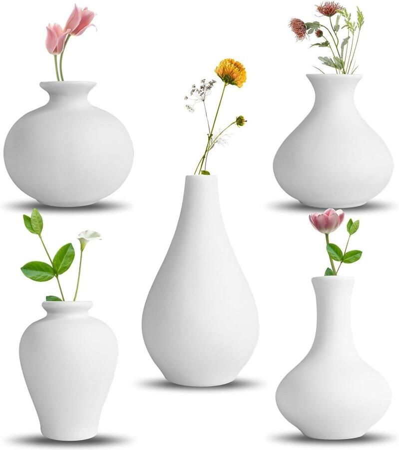 Keramische vaas-set 5 witte mini-bloemknoppen voor moderne wooncultuur decoratie van pampasgras in woonkamer plankdecoratie eettafel boekenkast en schoorsteenmantel