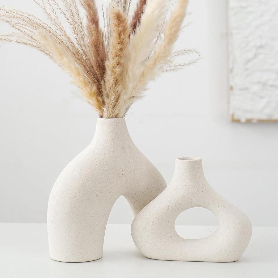 JGS Premium Keramische Vaas Set van 2 Dubbele Bergvazen Moderne Boho Nordic Stijl Decoratie Woonkamer Bruiloft Diner Tafel Feest Kantoor Slaapkamer Decor Beige Vaas
