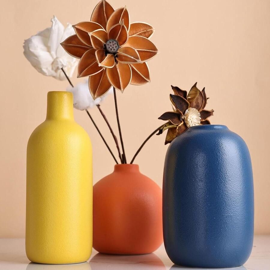 Keramische vaas set van 3 kleine bloemenvazen voor rustieke woondecoratie moderne boerderij woonkamer plank tafel boekenplank schoorsteenmantel en ingang geel oranje blauw (A)