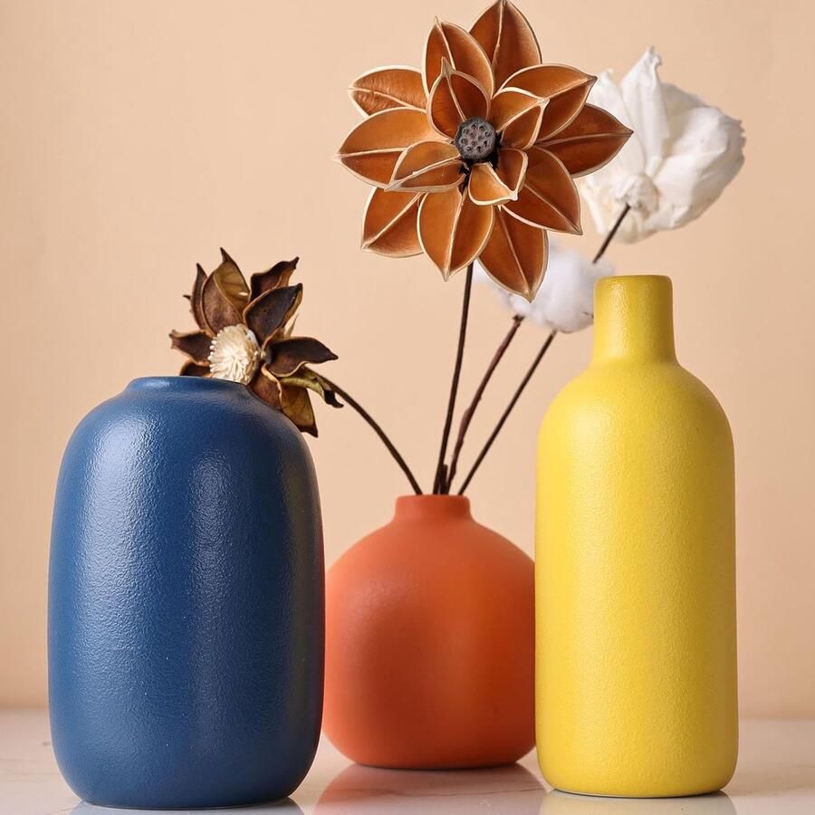 Keramische vaas set van 3 kleine bloemenvazen voor rustieke woondecoratie moderne boerderij woonkamer plank tafel boekenplank schoorsteenmantel ingang geel oranje blauw