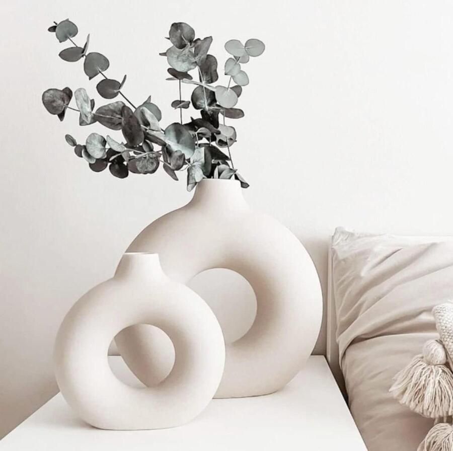 Keramische Vaas voor Pampas Gras 2PCS Wit Large+Medium Moderne Kamer Deco Donut Vazen Mat voor Tafel Boekenplank Haard Woonkamer Slaapkamer Kantoor Feest Cadeau