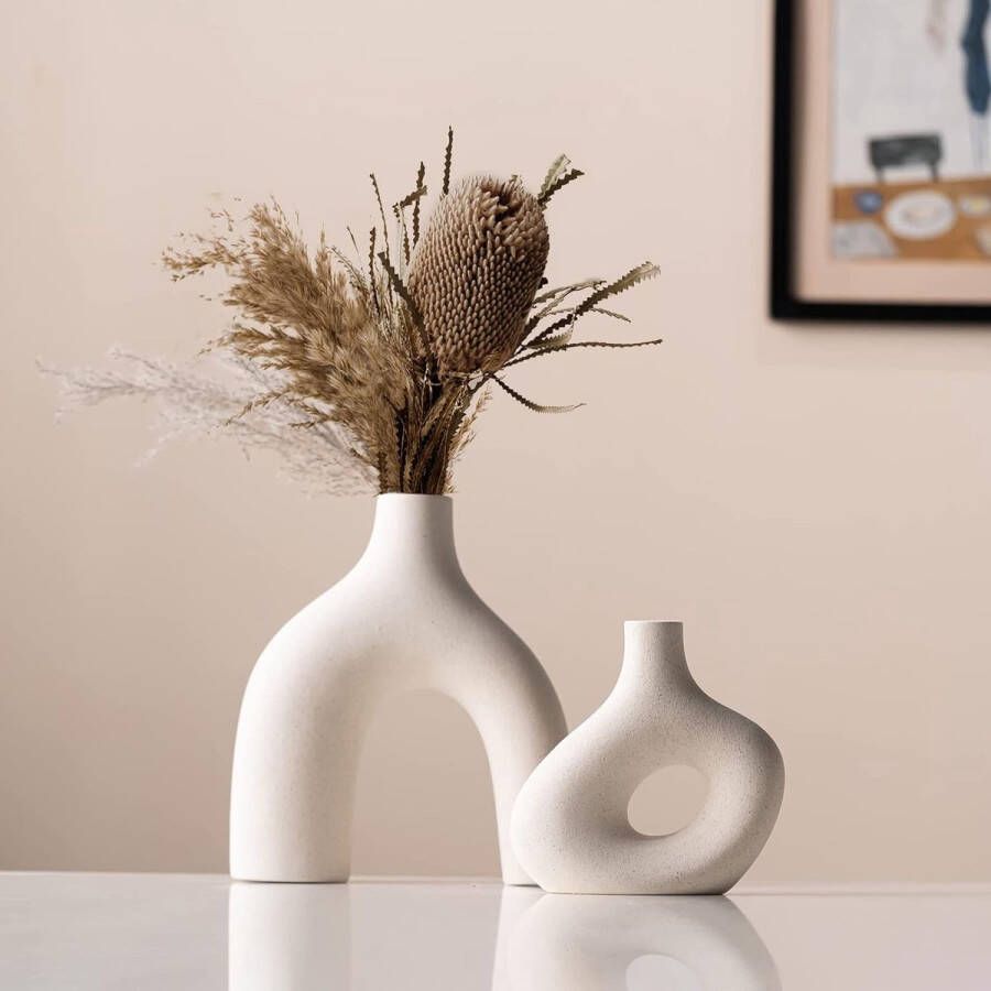 Keramische vaas voor pampasgras witte vaas moderne decoratieve vaas boho decoratieve stijl creatieve set van 2 vazen bloemenvaas voor verse bloemen en gedroogde bloemen decoratie eettafel