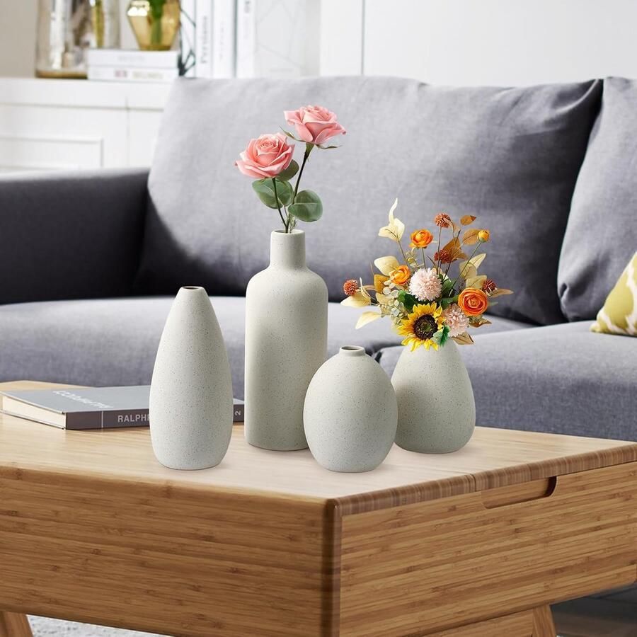 Retadou Keramische vaas wit vazen set van 4 beige voor decoratie verse bloemen pampasgras bloemen gedroogde bloemen thuis woonkamer slaapkamer kantoor idee plank boekenkast tafel mantel (beige)