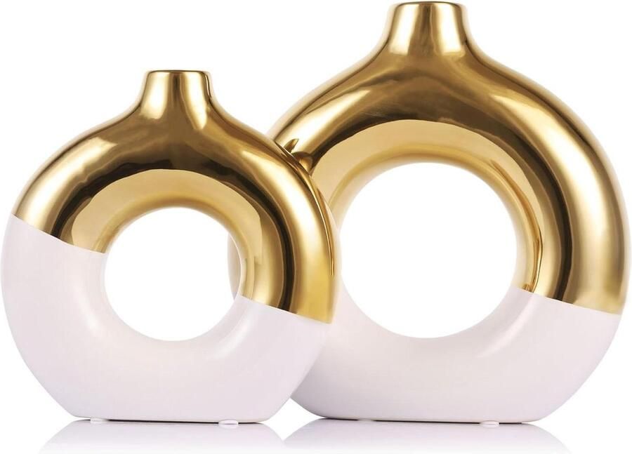 Keramische vaasset van 2 Wit en goud Donutvaas Moderne boho decor Pampasgrasvaas Huisdecoratie Bloemenvaas Eettafel Mantel Middelpunt