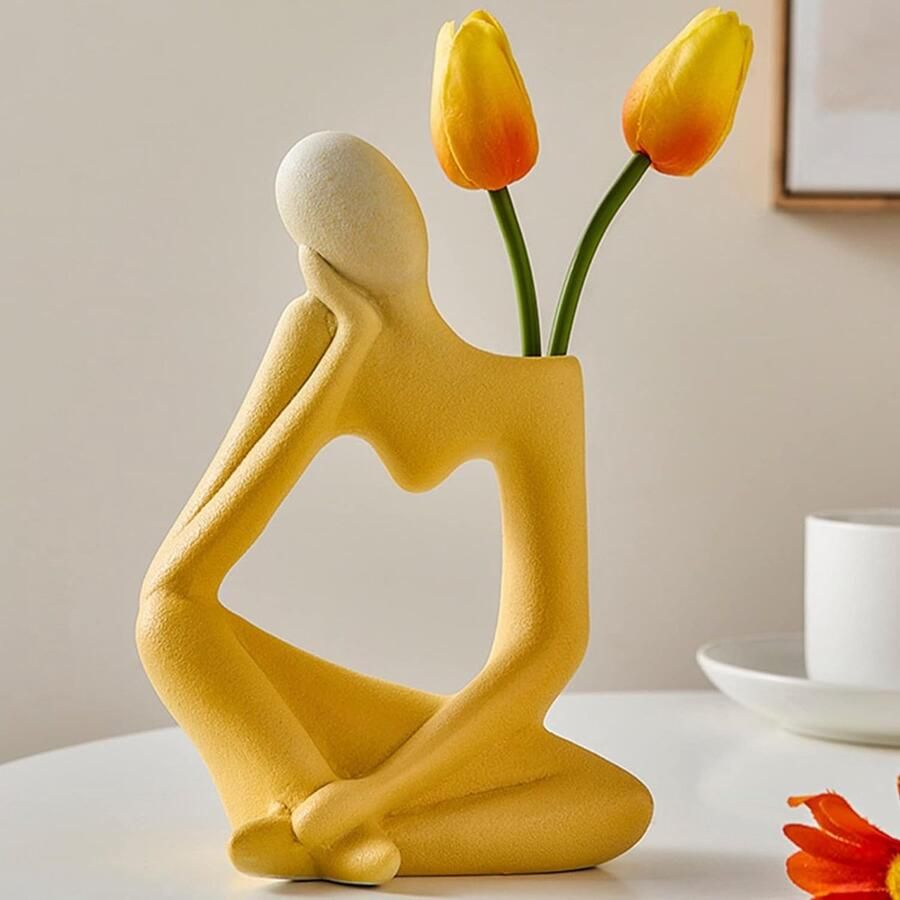Keramische Vazen Deco Bloemenvaas Thinker Tafelvaas voor Pampas Grasbloemen Gedroogde Bloemen Moderne Vazen voor Cadeau Tafel Decoratie Bruiloft Tulpenvaas Keuken Kantoor Creatief 19 cm