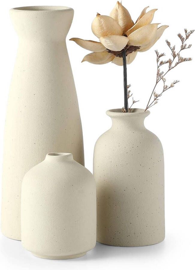 Keramische vazen set van 3 kleine bloemenvazen voor decoratie moderne rustieke boerderij huisdecoratie decoratieve vazen voor pampasgras gras en gedroogde bloemen ideeënrek tafel boekenkast mantel (natuur)