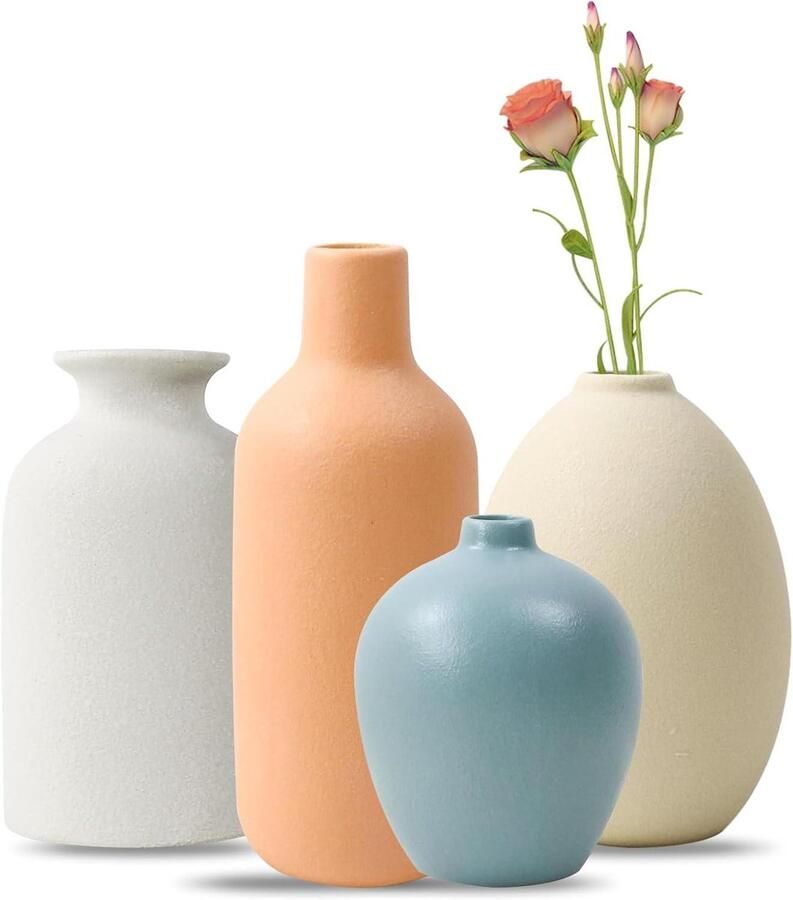Allecto Plus Keramische vazenset met 4 kleurrijke mini-vazen voor moderne woondecoratie pampasgras decoratieve vazen voor woonkamer plankdecoratie eettafel boekenkast schoorsteenmantel en entree