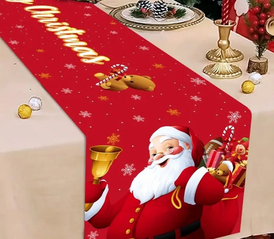 Kerst 2x tafel loper polyester rood goud kerstman