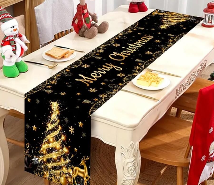 Kerst 2x tafel loper polyester zwart goud kerst boom