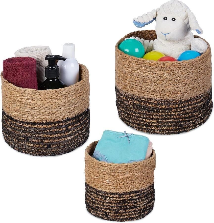 Kerst Cadeaumand Zeegras Opbergmand Set van 3 Badkamer Woonkamer Decoratie Ronde Mandjes Kast Natuur Zwart