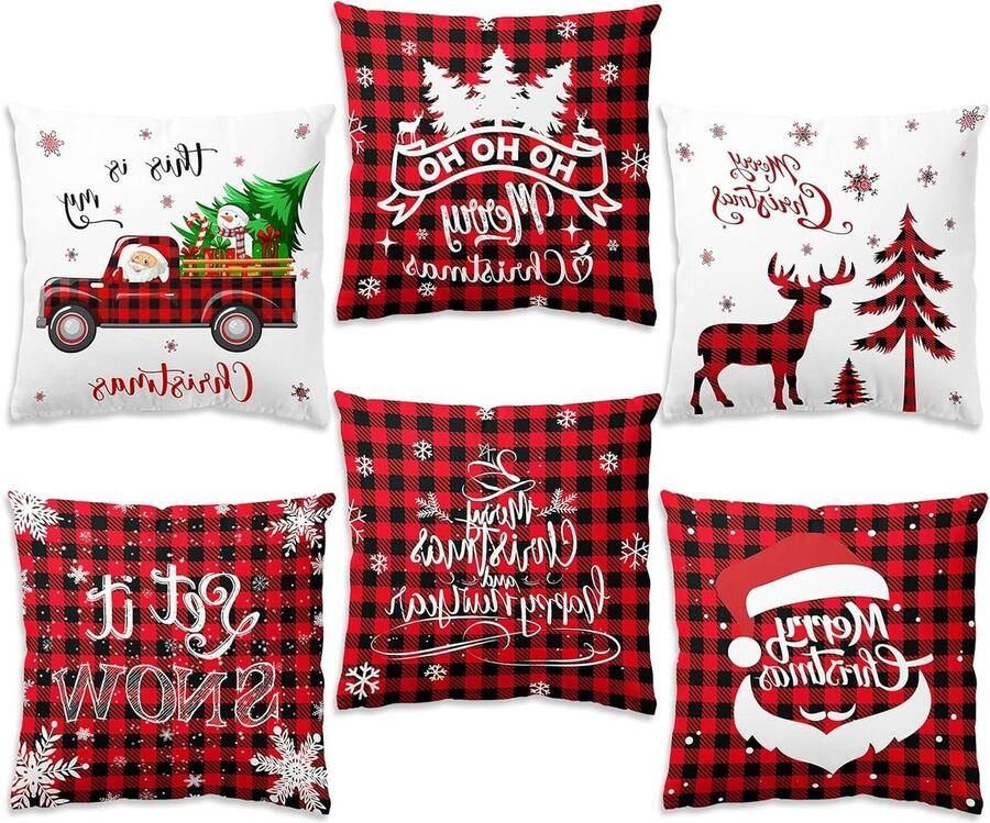 Kerst Decoratie Set van 6 Kussenslopen 45 x 45 cm Rood Zwart Strip Tartan Xmas Voor Bank Kamer Decor