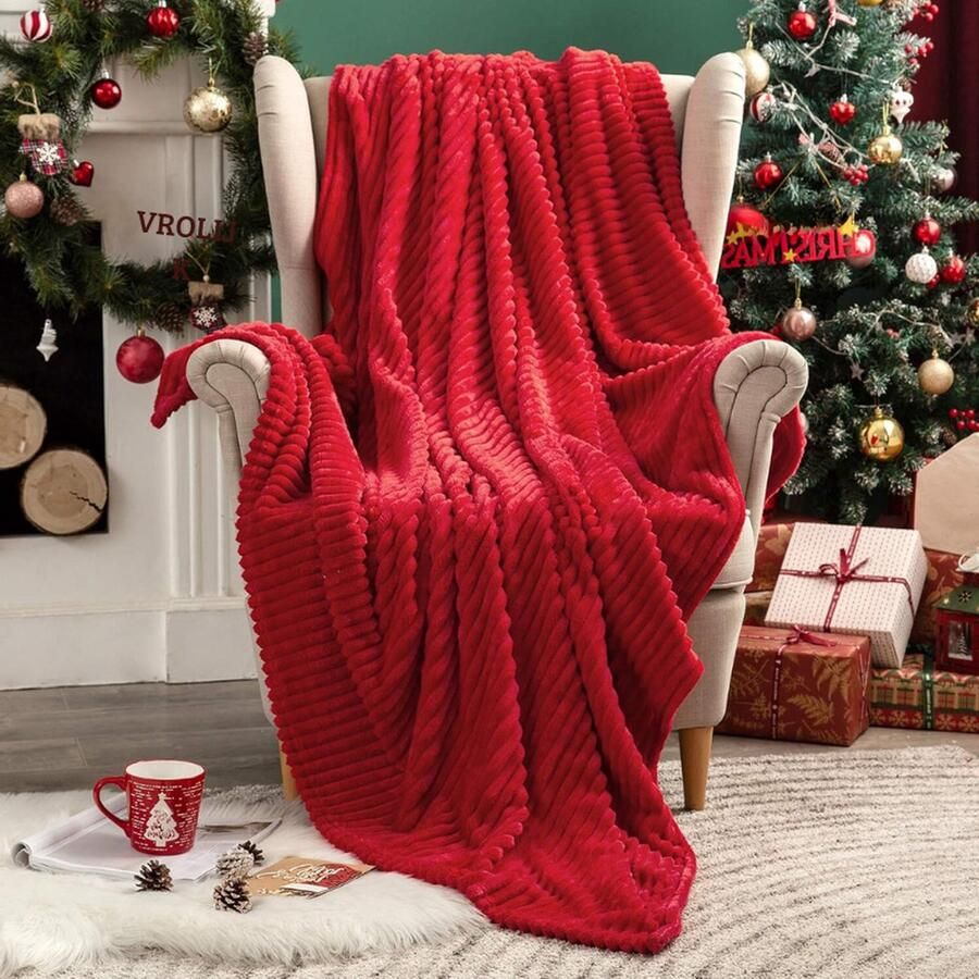 Kerst Flanellen Fleece Plaid Zachte Warme Comfortabele Plaids Voor Bank Corduroy Pluizige Deken Bed Kussen Voor Slaapkamer Bank Reizen Kinderen Slaapkamer Accessoires 65 x 82 Inch Rood