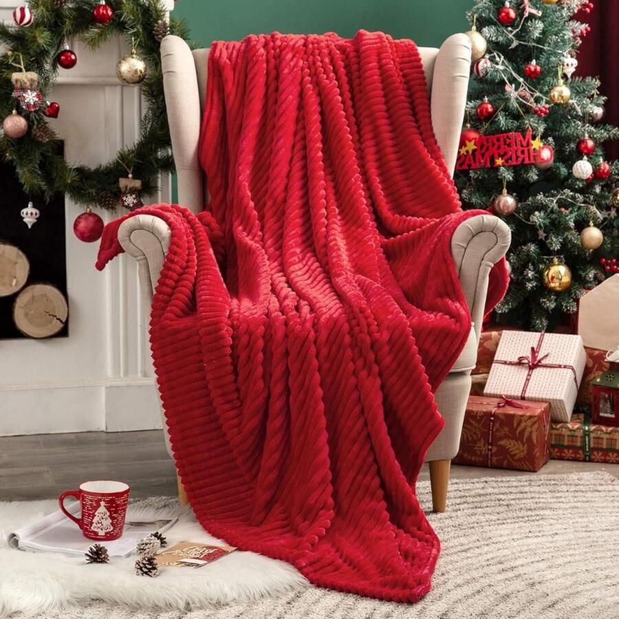 Kerst Flanellen Fleece Plaid Zachte Warme Comfortabele Plaids Voor Bank Corduroy Pluizige Deken Bed Kussen Voor Slaapkamer Bank Reizen Kinderen Slaapkamer Accessoires 65 x 82 Inch Rood