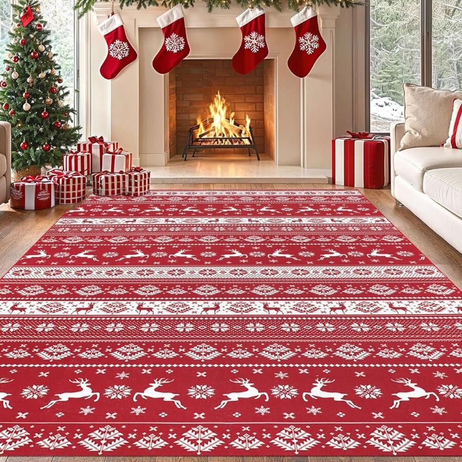 Kerst Groot Vloerkleed 200 x 300 cm Rood Machinewasbare Vloerkleden Voor Woonkamer Antislip Kersttapijt Antislip Vloerkleed Vloerkleden Voor Woonkamer Slaapkamer Eetkamer Hal