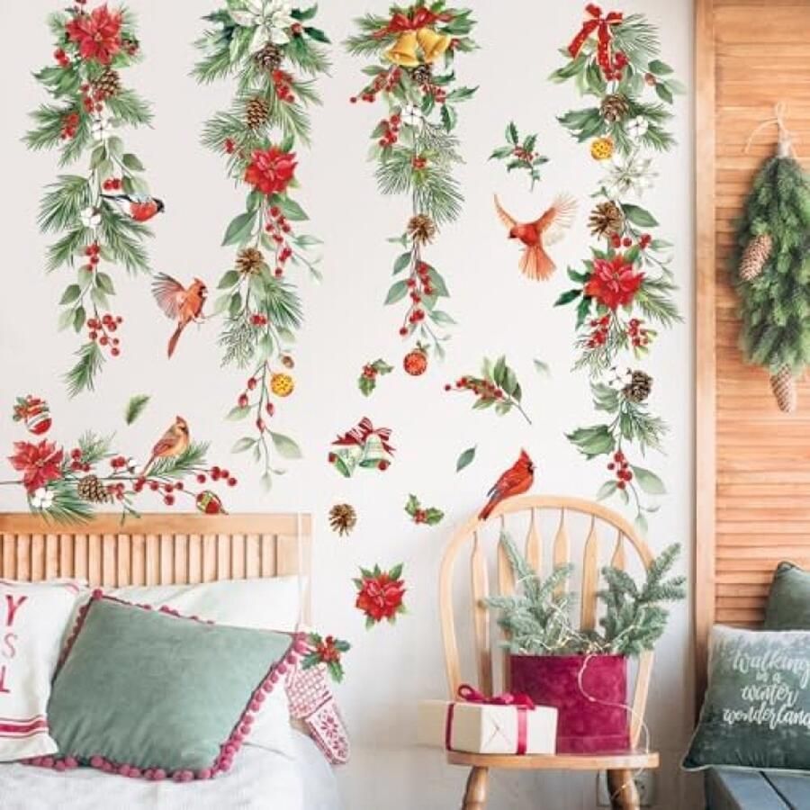 Kerst Hangende Wijnstok Raam Kleeft Muurstickers Groene Bladeren Bloemen Kerstmis Muurtattoo Kardinaal Vogels Venster Raamstickers Kerstfeest Venster Vitrine Deur Decoraties