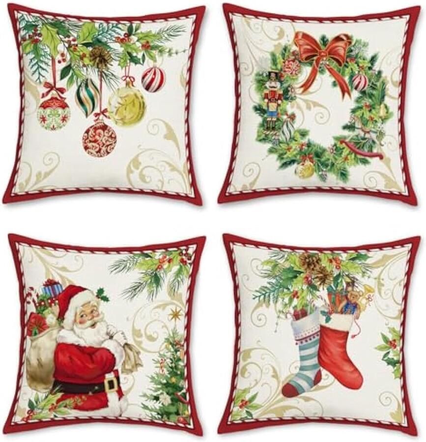 Kerst Kerstman Kussenslopen 45 x 45 cm Xmas Krans Klokken Sokken Winter Vakantie Decoratieve Sierkussenslopen Polyester Linnen Kussenslopen voor Slaapbank Xmas Decor Set van 4