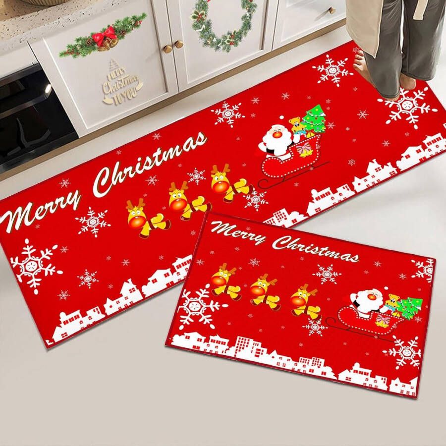 Kerst-keukentapijt antislip wasbaar hal woonkamer badkamer keuken tapijt kerstdecoratie 40 x 120 cm + 40 x 60 cm (Kerstmis D)