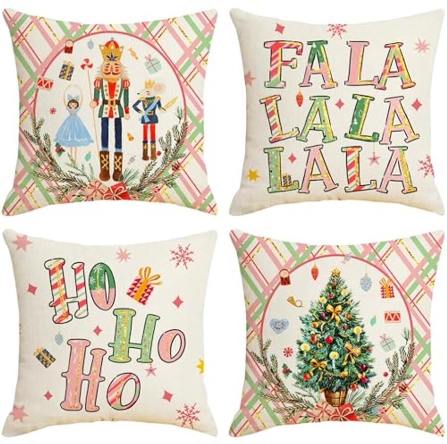 Kerst Kussen voor Bank 4 Stuks 50 x 50 cm Katoenen Linnen Kussens voor Kerst Decoratie