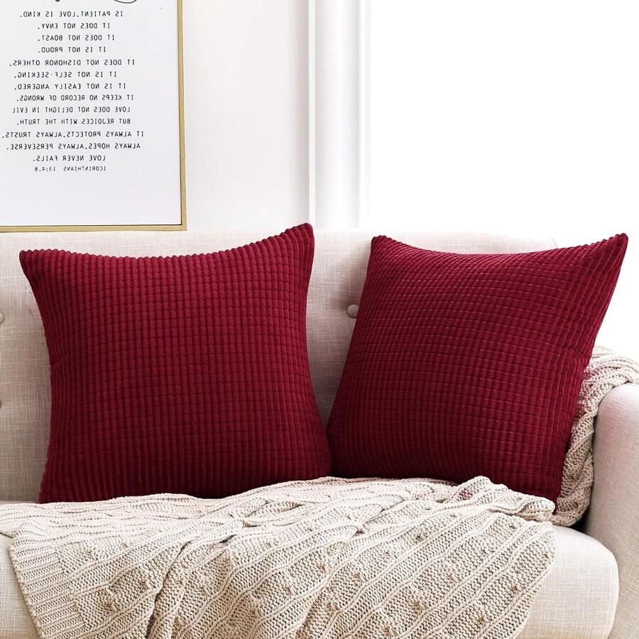 Kerst Kussenhoes Corduroy Gestreept Verborgen Rits 50x50 cm Bordeaux Fluwelen Kussenovertrekken Bank Woonkamer Vierkant Set van 2