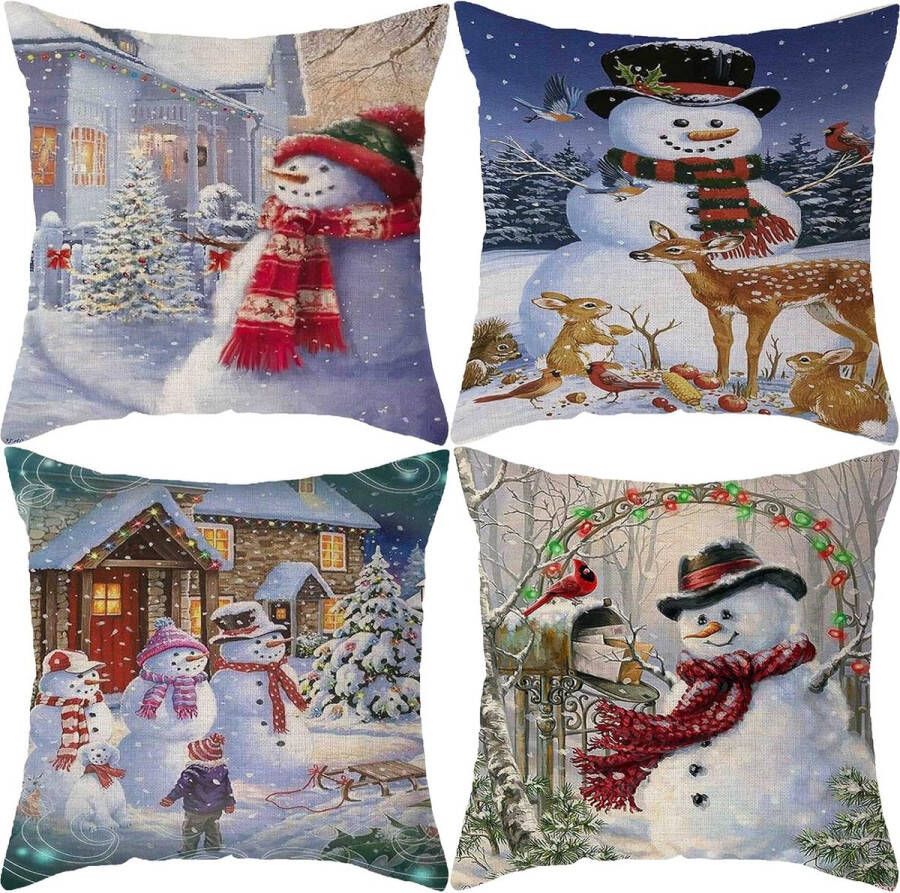 Kerst kussenhoezen 40x40cm set van 4 kerstversieringen eland sneeuwpop decoratieve kussenslopen voor bank Xmas decor