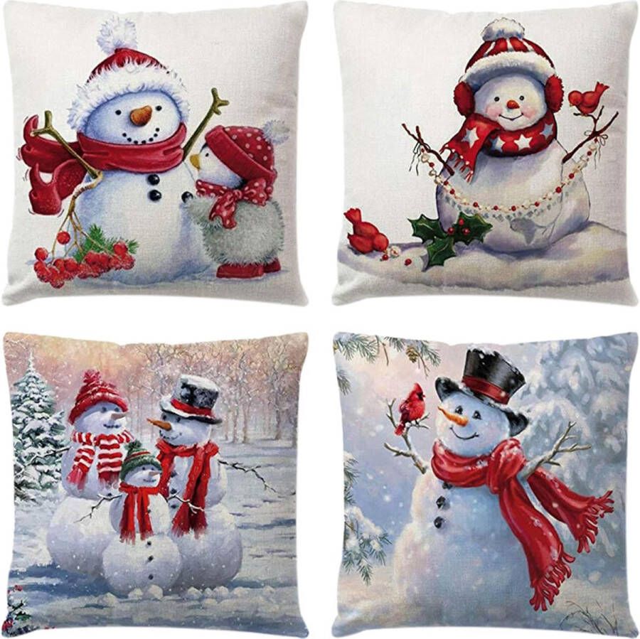 Zhs Kerst Kussenhoezen 50x50cm Set van 4 Kerstversieringen Sneeuwpop Decoratieve Sierkussens voor Bank Xmas Decor