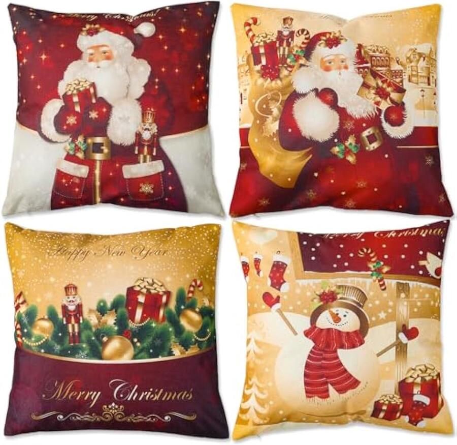 Kerst kussenhoezen set van 4 rood goud kerst kussenslopen 45x45 cm kerstman sneeuwpop kussenslopen kerst linnen sierkussenslopen voor kerstversiering winter thuis bank kerstdecoraties