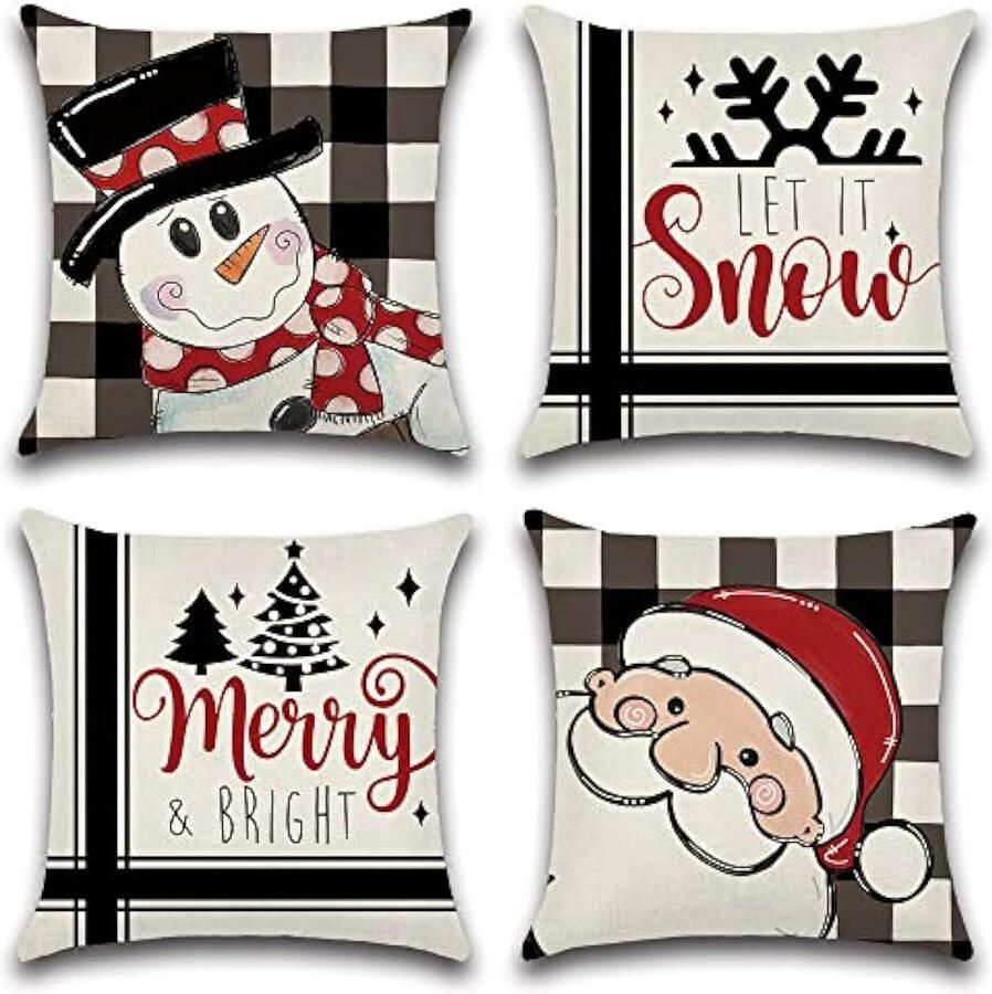 Kerst kussenhoezen set van 4 zwart wit geruite sneeuwpop kerstman kussenhoezen kerst decoratieve linnen kussenslopen voor bank woondecoratie (45 x 45 cm)
