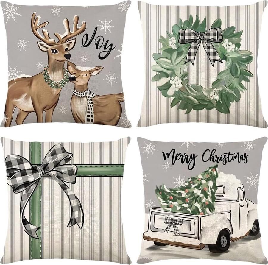 Kerst Kussensloop 18x18 Inch 4-Delige set Kerst Kussen Decoratie Knuffel Kussensloop Boerderij Vrachtwagen Eland Boog Kussensloop Bank Kerst Decoratie Vakantie Kussensloop