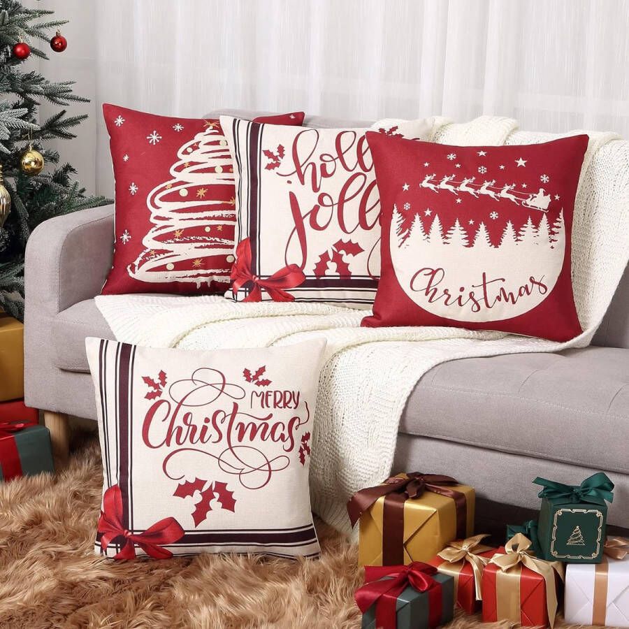 Zhs Kerst kussensloop 4-pack faux linnen rood decoratieve slee kerstkussen kussen voor bank woonkamer bed bank auto vierkante kussensloop 18 x 18 inch