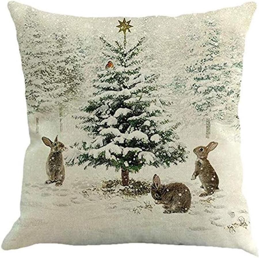 Kerst Kussensloop Cotton Linen Herten En Sneeuwman Print 45X45cm Voor Bank Auto Thuisdecoratie Beige