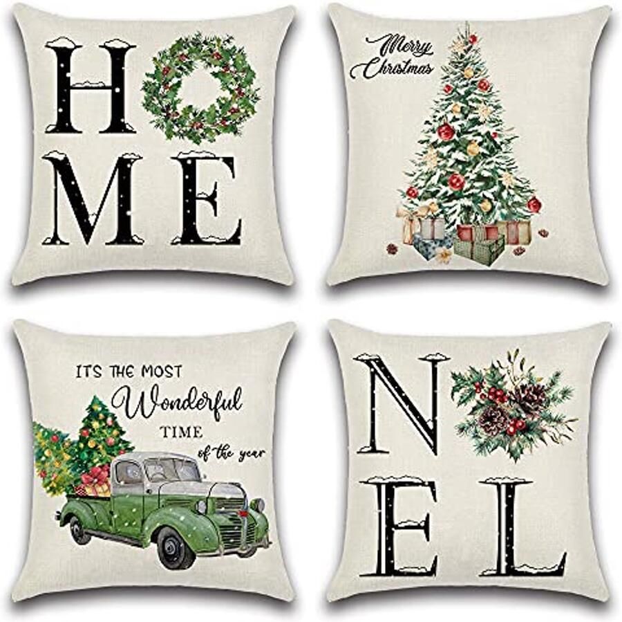 Kerst kussensloop set van 4 Waterdicht 45x45cm Decoratieve kussenhoezen voor bank kamer balkon terras en tuin