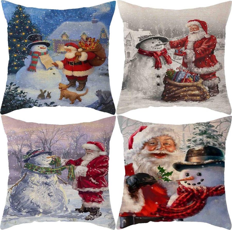 Kerst Kussenslopen 40x40cm Set van 4 Kerstversieringen Sneeuwman Kerstman Decoratieve Sierkussens voor Bank Xmas Decor