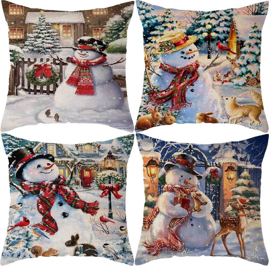 Zhs Kerst kussenslopen 40x40cm set van 4 kerstversieringen sneeuwpop eland decoratieve kussenslopen voor bank Xmas Decor