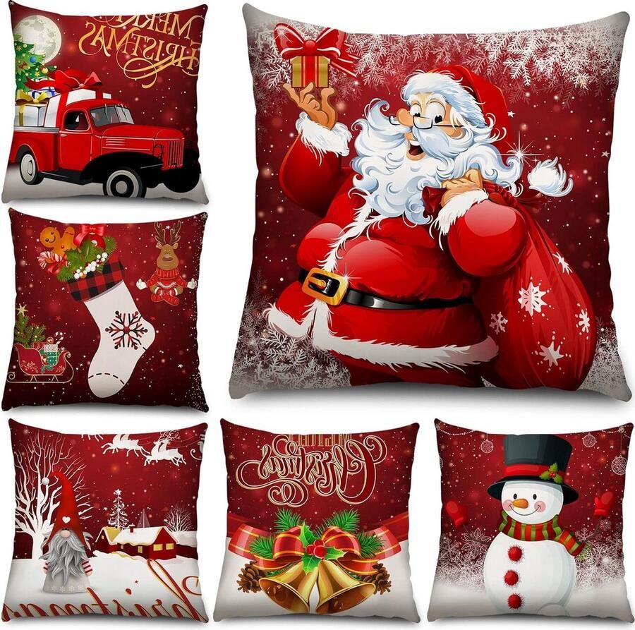 Kerst Kussenslopen 6 stuks 18 x 18 Inch Xmas Decoratie Sneeuwpop Kerstman Vakantie Gooi Kussensloop Bank Kerstdecoratie